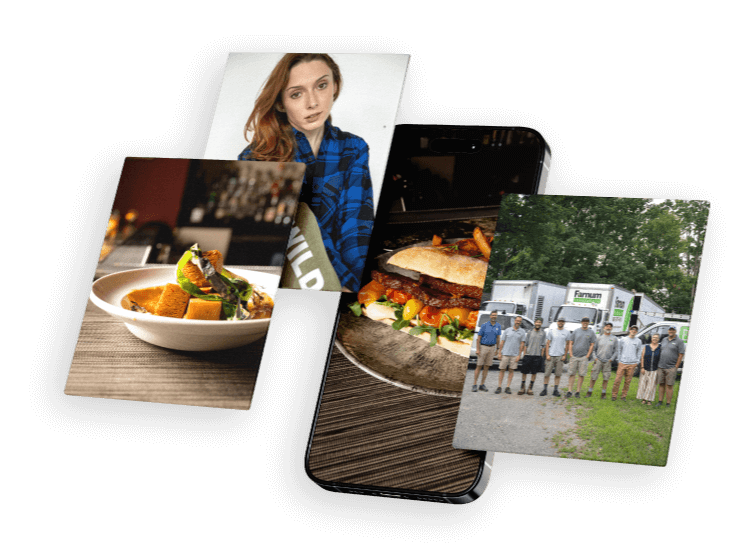 New Hampshire Four photos overlap: a woman in a blue shirt, a group standing outdoors, a burger, and a bowl of food, all arranged around a smartphone. Marketing Agency