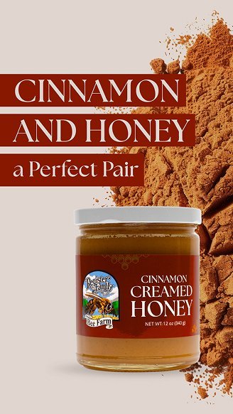 New Hampshire A jar labeled "Cinnamon Creamed Honey" sits in front of a pile of cinnamon powder, with text reading "Cinnamon and Honey: a Perfect Pair. Marketing Agency