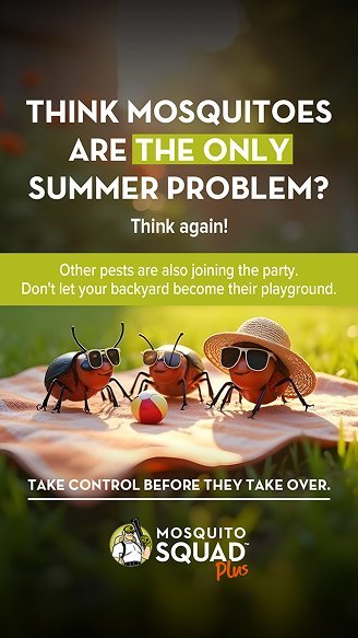 New Hampshire Three cartoon bugs wearing sunglasses and hats sit on a picnic blanket with drinks; a pest control service ad warns about summer pests in backyards. Marketing Agency