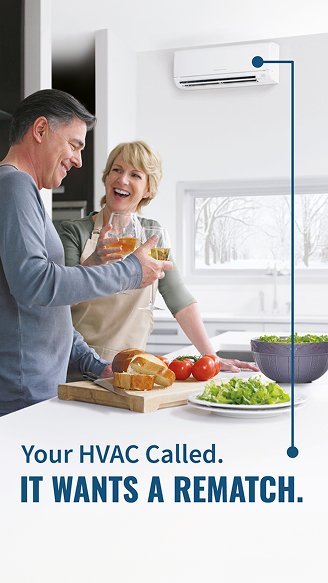 New Hampshire A man and woman stand in a modern kitchen, smiling and holding drinks, with food on the counter and text that reads, "Your HVAC Called. IT WANTS A REMATCH. Marketing Agency