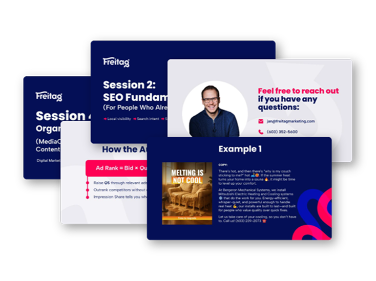 New Hampshire A set of digital presentation slides featuring SEO fundamentals, contact information, example content, and a photo of a smiling person in glasses and a blue shirt. Marketing Agency