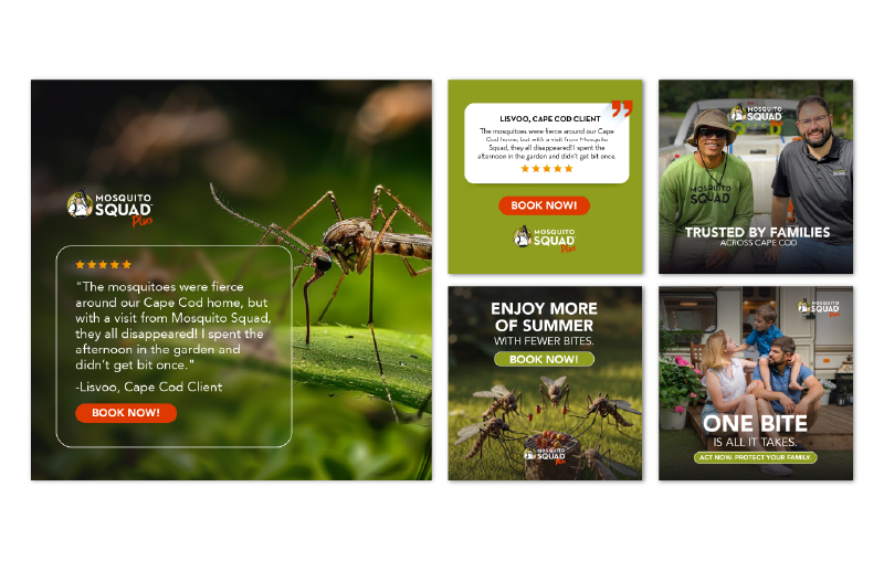 New Hampshire A collage of Mosquito Squad ads featuring customer testimonials, images of mosquitoes, clients, and calls to action for mosquito protection services. Marketing Agency
