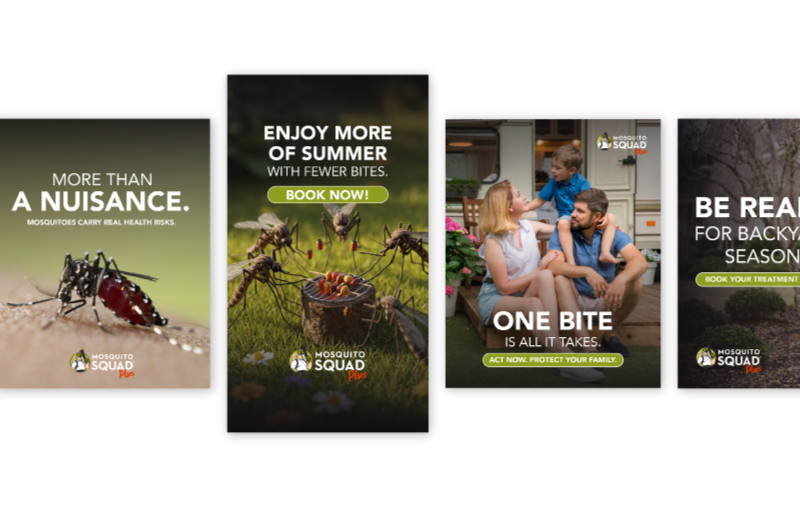 New Hampshire Four promotional posters for Mosquito Squad featuring messages about mosquito control, with images of mosquitoes, outdoor activities, and families. Marketing Agency
