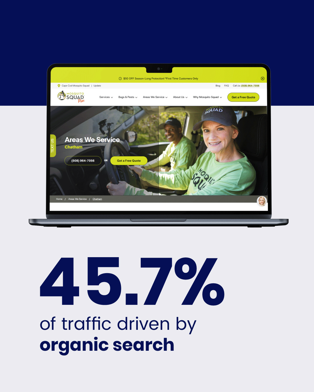 New Hampshire A laptop displays a website for a cleaning service with two employees in green uniforms, above text stating "45.7% of traffic driven by organic search. Marketing Agency