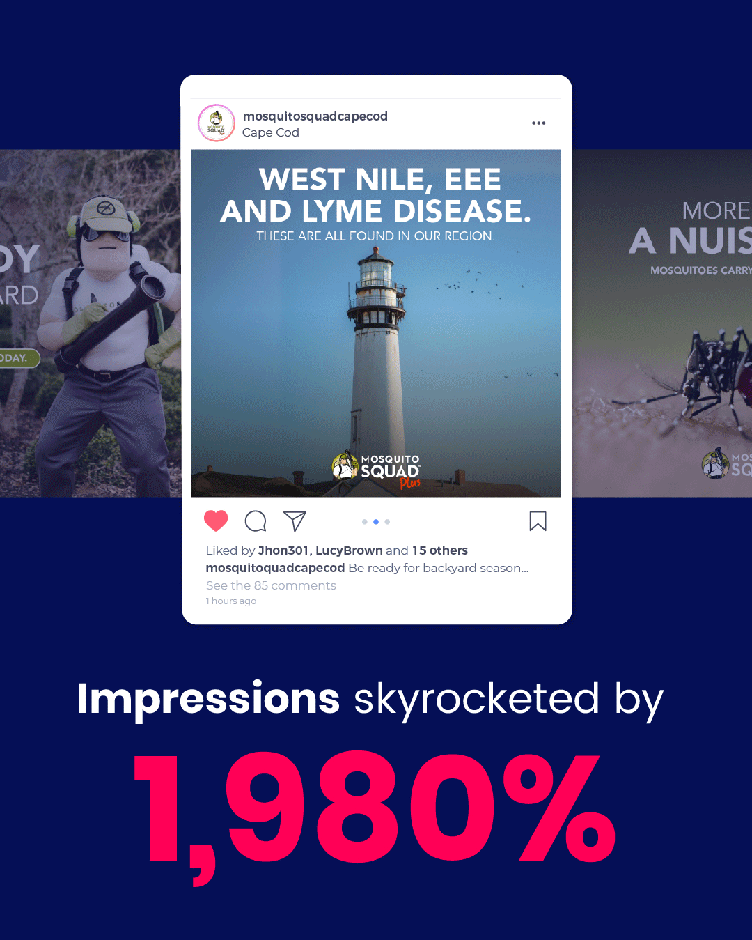 New Hampshire An Instagram post warns of local West Nile, EEE, and Lyme disease, featuring a lighthouse image; below, text states impressions grew by 1,980% in bold pink and blue letters. Marketing Agency