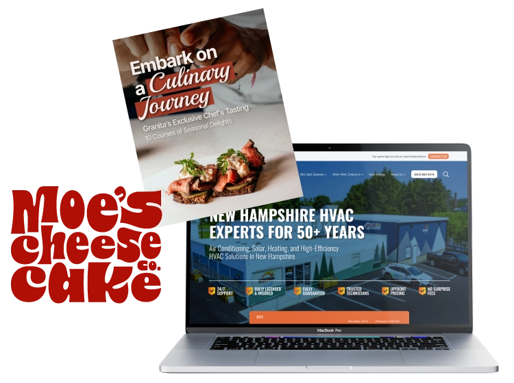 New Hampshire A laptop displaying an HVAC website is overlaid with a food magazine cover showing a steak dish and the words "Embark on a Culinary Journey." The text "Moe's Cheese Cake" appears on the left. Marketing Agency