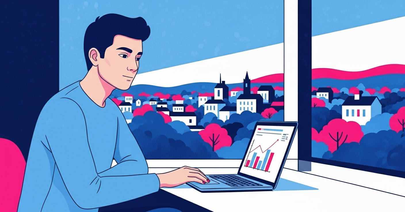 New Hampshire A person sits at a desk by a window in New Hampshire, using a laptop displaying graphs related to small business marketing, with a view of a colorful town and landscape outside. Marketing Agency
