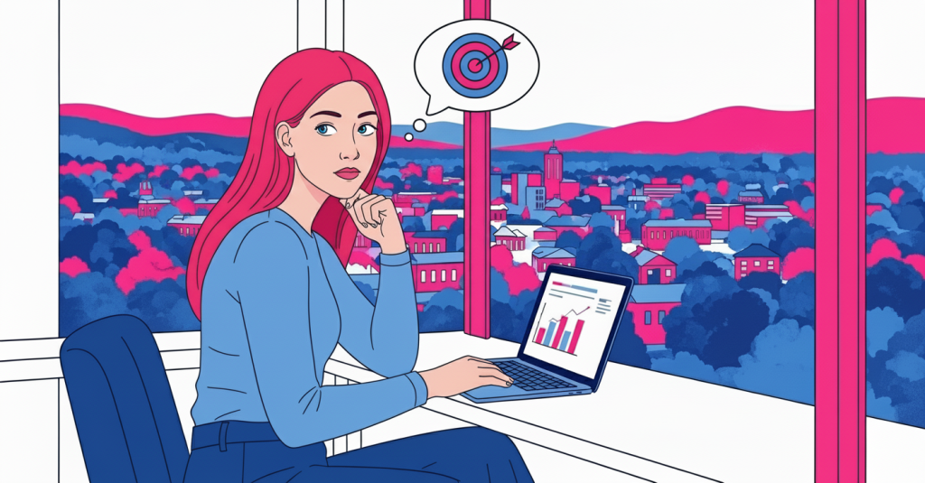 New Hampshire A woman with pink hair sits at a desk by a window overlooking a Vermont town, using her laptop to analyze bar graphs for small business marketing strategies, with a thought bubble showing a target symbol and 2025 goals. Marketing Agency