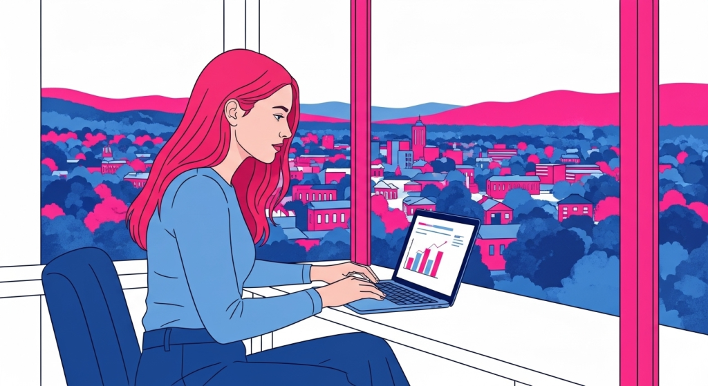 New Hampshire A woman with pink hair works on a laptop displaying bar charts, planning 2025 small business marketing strategies, seated by a window overlooking a colorful Vermont town and rolling hills. Marketing Agency