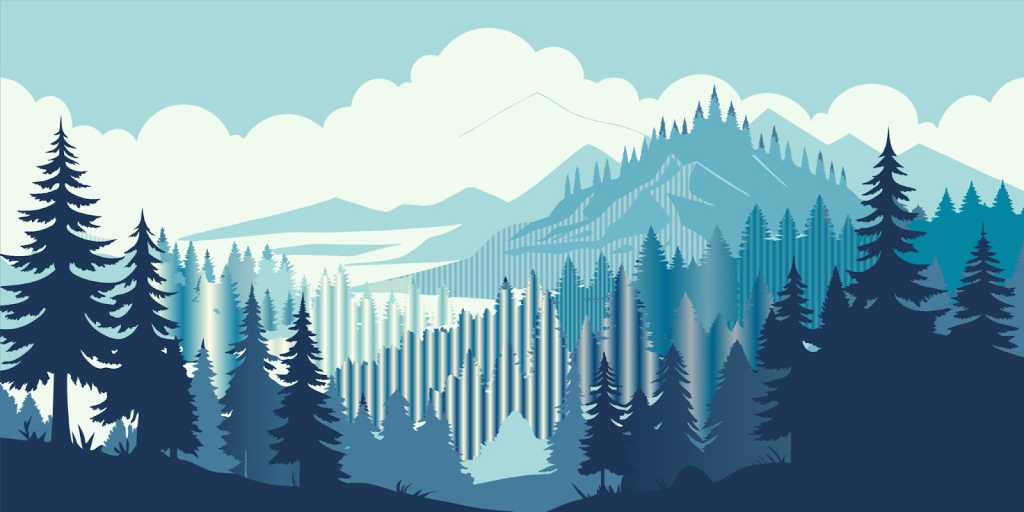 New Hampshire Illustration of a mountainous landscape with layers of pine trees, hills, and clouds in cool blue tones. Marketing Agency