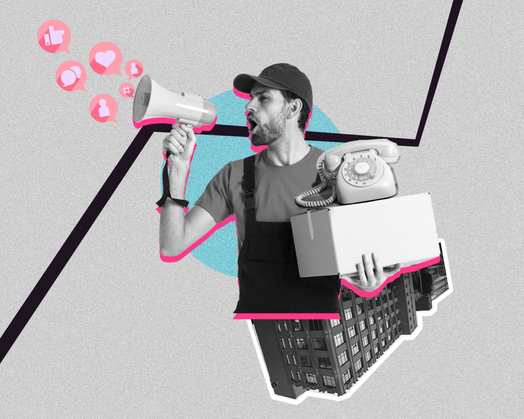 New Hampshire A man in work overalls holding a megaphone and a box with a rotary phone, with social media icons and a rising graph line in the background. Marketing Agency
