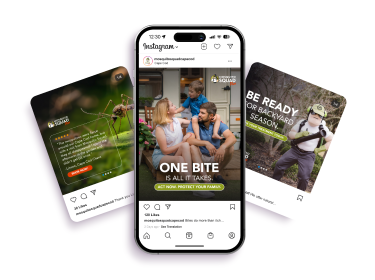 New Hampshire Three mosquito control-themed Instagram posts are displayed, with the center phone highlighting a family outside and the text: “ONE BITE IS ALL IT TAKES. ACT NOW. PROTECT YOUR FAMILY.”. Marketing Agency