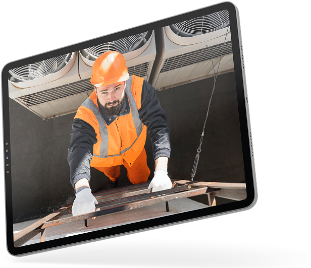 New Hampshire A tablet screen displays a worker in a hard hat and safety vest climbing a metal ladder near industrial fans. Marketing Agency