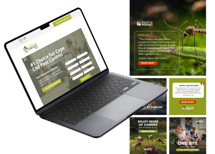 New Hampshire A laptop displays a pest control website while several promotional graphics about pest control services are shown to the right of the laptop. Marketing Agency