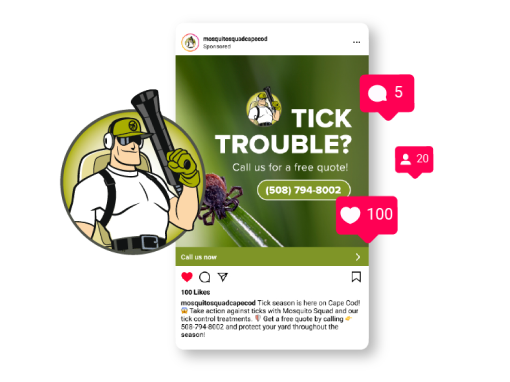 New Hampshire A cartoon pest control worker stands beside a social media post about tick control, featuring a tick image, contact number, and social media engagement icons. Marketing Agency
