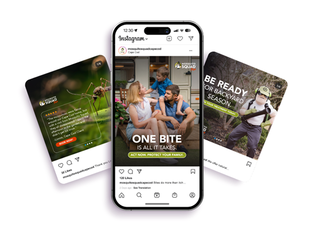 New Hampshire A smartphone displays an Instagram post showing a family on a porch, surrounded by two mosquito control promotional posts on either side. Marketing Agency