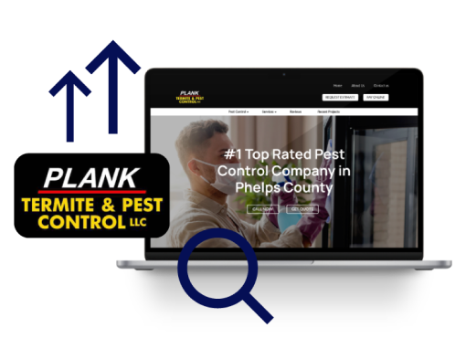 New Hampshire A laptop displays the Plank Termite & Pest Control website; inset shows the company logo and two upward arrows, along with a magnifying glass graphic. Marketing Agency