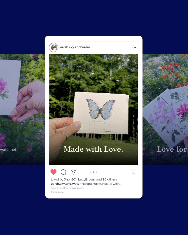 New Hampshire A hand holds a card with a blue butterfly illustration; text below reads "Made with Love." Instagram interface is visible over a blurred floral background. Marketing Agency