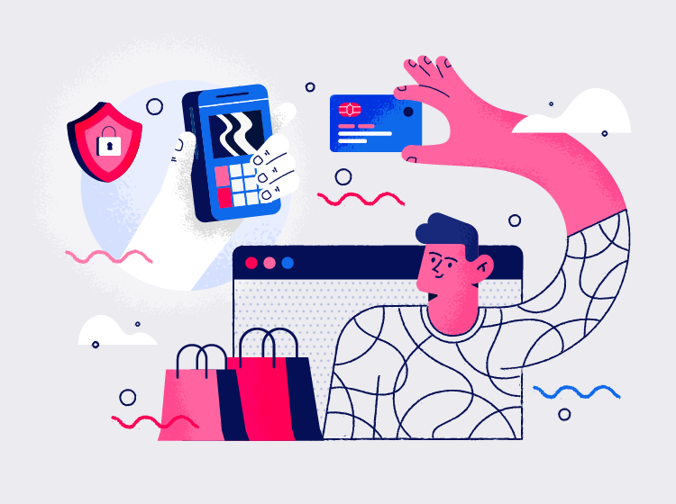 New Hampshire Illustration of a person holding a credit card, shopping bags, a web browser window, and a hand entering a PIN on a phone keypad, with a security shield icon. Marketing Agency