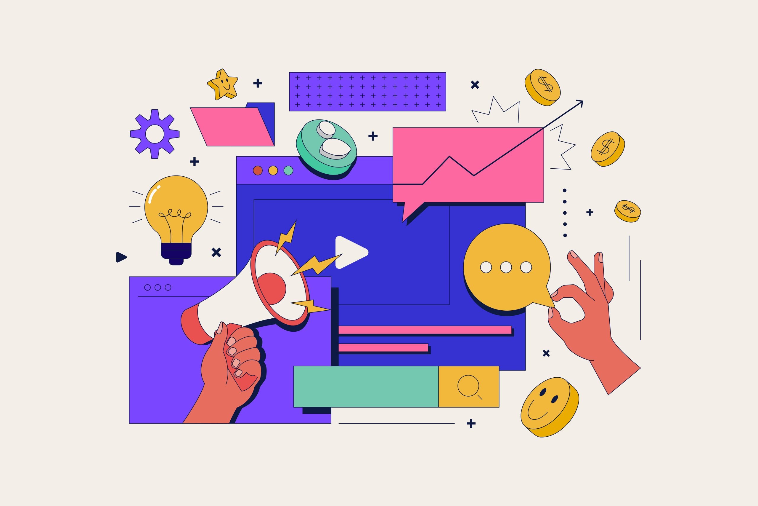 New Hampshire Colorful illustration showing hands holding a megaphone and chat bubble, with icons of money, lightbulb, graph, and computer screen representing 2025 digital marketing and Small Business Marketing concepts in Massachusetts. Marketing Agency