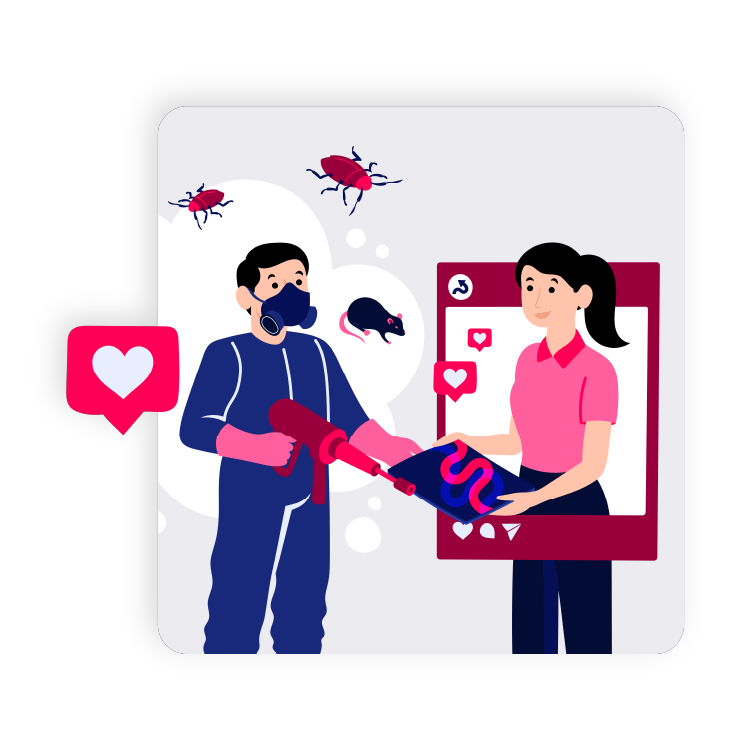 New Hampshire A person in protective gear sprays for pests while another person in a pink shirt offers a tablet, with bugs and social media icons in the background. Marketing Agency