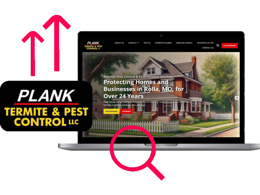 New Hampshire A laptop displays the Plank Termite & Pest Control website. A logo is shown on the left. Red arrows and a magnifying glass graphic are overlaid. Marketing Agency