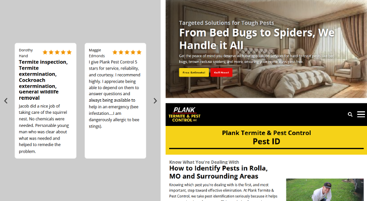 New Hampshire Screenshot showing customer reviews and a website for Plank Termite & Pest Control, with a focus on pest removal services and a section for pest identification. Marketing Agency