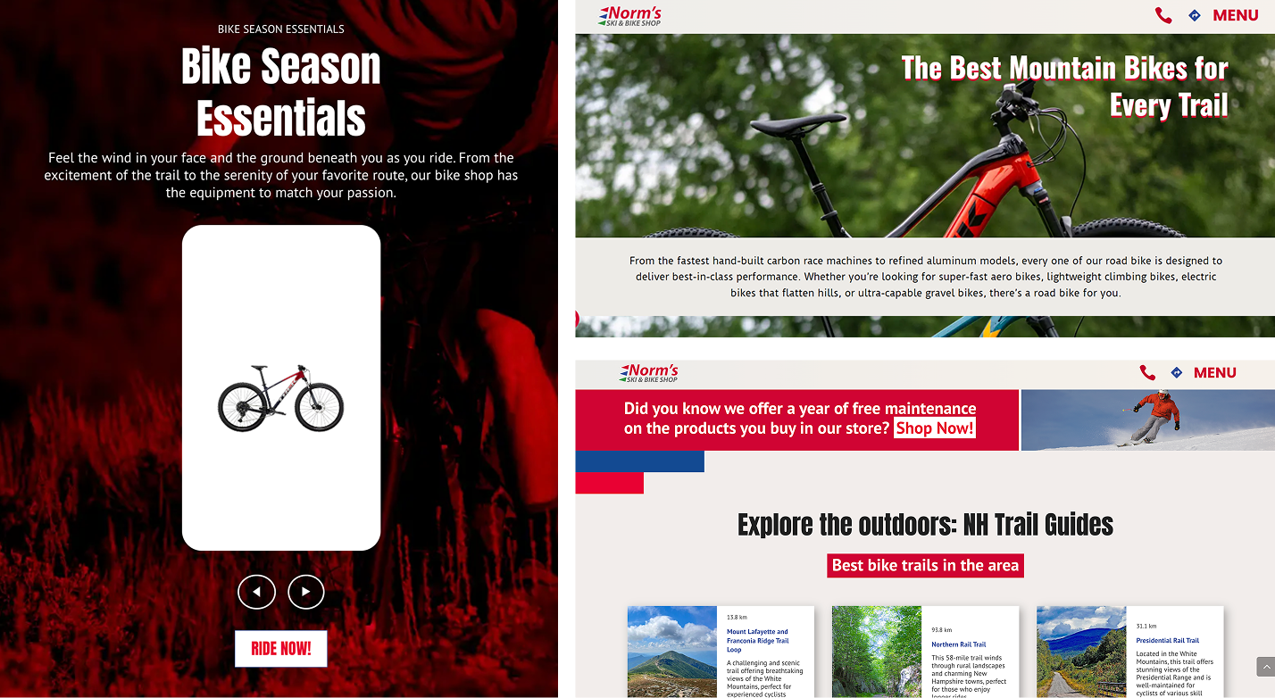 New Hampshire A split-screen webpage features bike season essentials on the left with a bike image and promo, and mountain bike recommendations and trail guides on the right. Marketing Agency