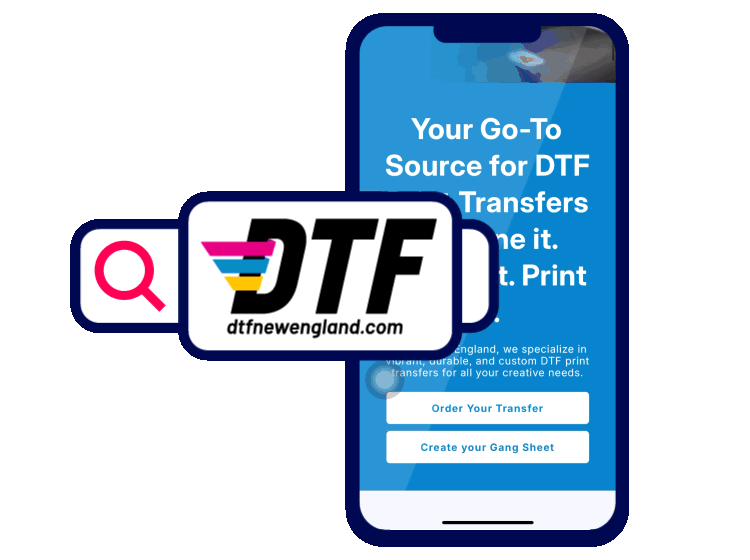 New Hampshire A smartphone displays a website for DTF transfers with options to order or create a gang sheet; a magnifying glass and DTF logo appear in the foreground. Marketing Agency