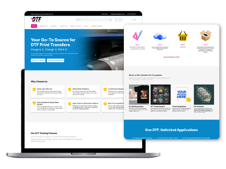 New Hampshire A laptop displays a website homepage for DTF print transfers, featuring navigation menus, service highlights, and product categories. Marketing Agency