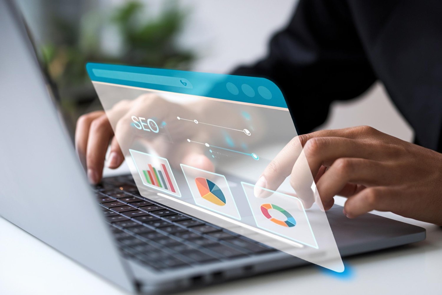 New Hampshire Hands typing on a laptop keyboard with a transparent virtual screen displaying SEO and data analytics icons. Marketing Agency