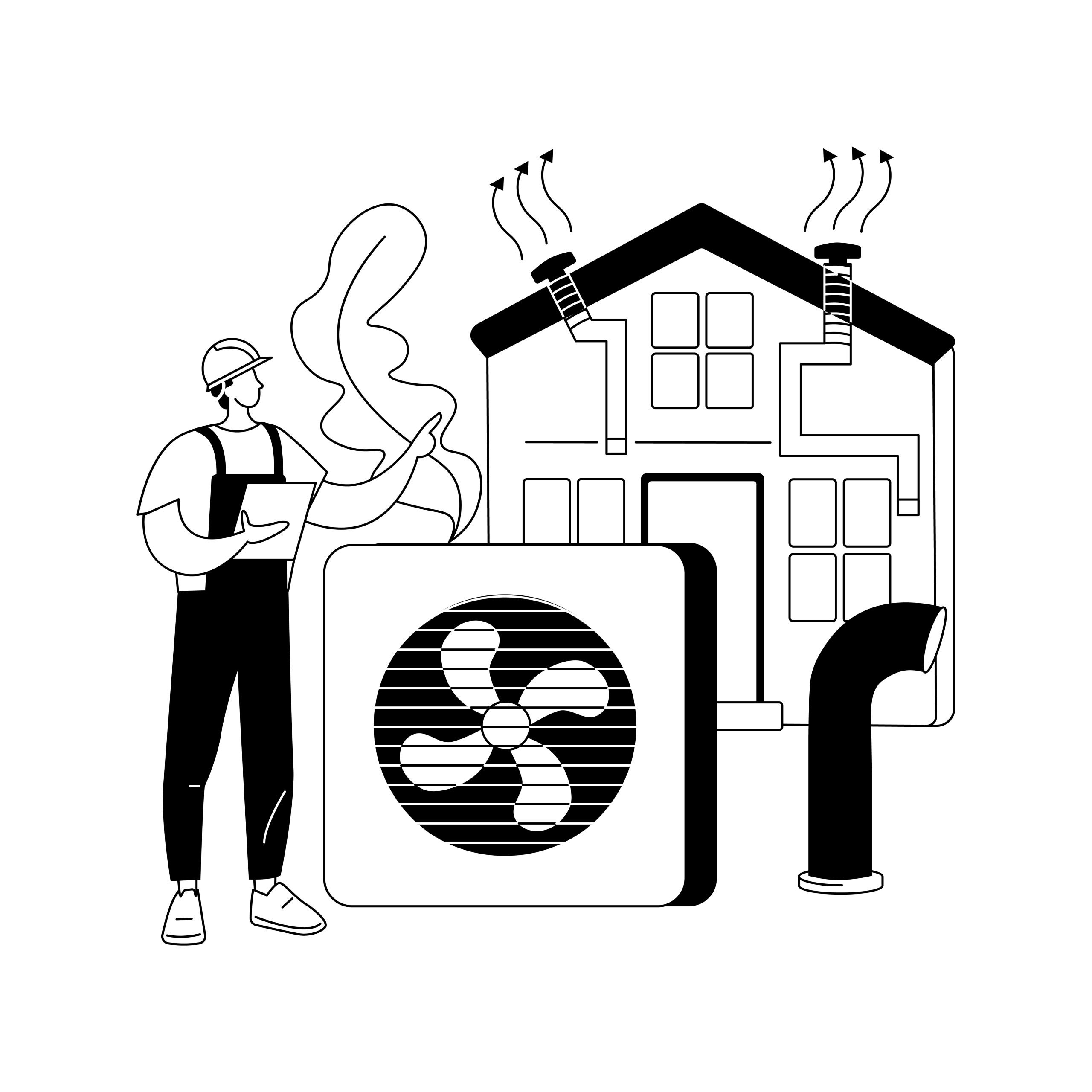 New Hampshire A worker stands next to HVAC equipment in front of a house, showcasing visible ductwork and vents releasing air or smoke—highlighting the expertise often promoted by top HVAC companies. Marketing Agency