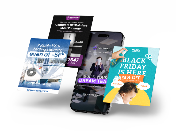 New Hampshire Three promotional flyers and a smartphone display, featuring ads for HVAC systems, a business team-building service, and a Black Friday sale for natural, vegan products. Marketing Agency