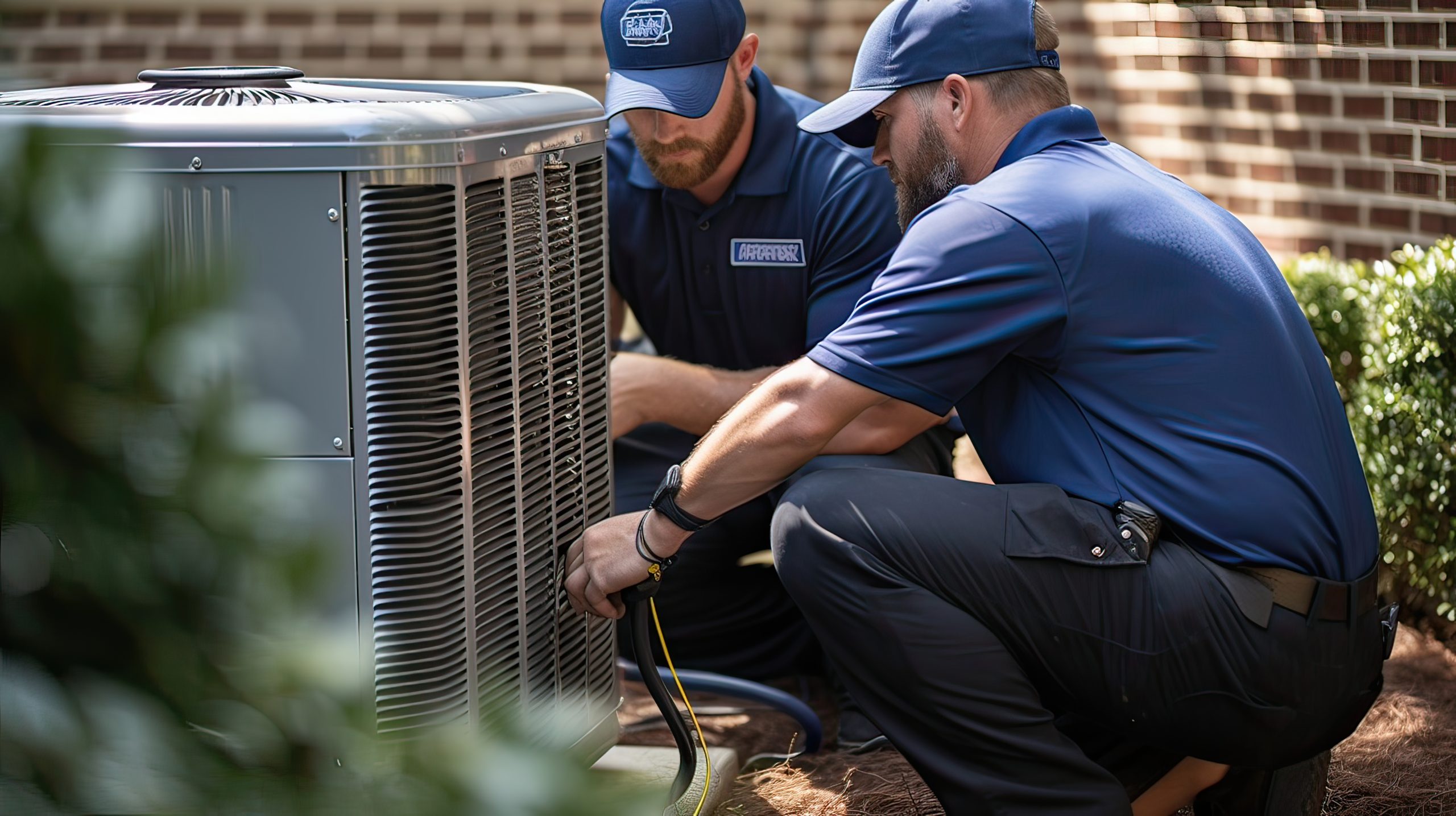New Hampshire Two HVAC technicians in blue uniforms service an outdoor air conditioning unit next to a brick building, checking for hidden costs that may arise during maintenance. Marketing Agency