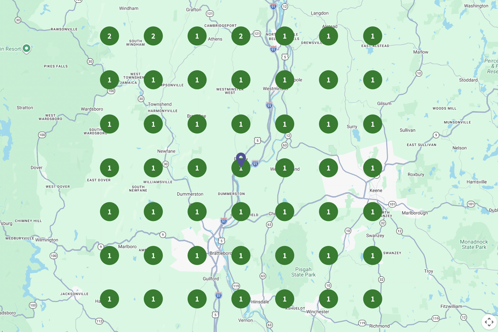 New Hampshire A map displays clustered green markers with numbers, each indicating the quantity of listings in various towns around a central location pin. Marketing Agency