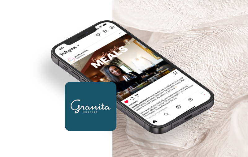 New Hampshire A smartphone displays an Instagram post from Granita in New Hampshire, featuring a woman in a restaurant with text "Family-Style MEALS." The Granita logo is shown beside the phone, highlighting the importance of local search. Marketing Agency