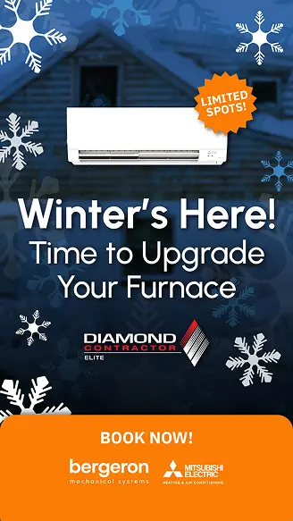 New Hampshire Ad for Diamond Contractor Elite promoting furnace upgrades for winter, featuring a Mitsubishi Electric unit, snowflakes, and "Book Now!" call to action. Marketing Agency