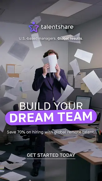 New Hampshire A person in an office suit is surrounded by flying papers, promoting talentshare, a hiring service for global remote talent with the tagline "Build Your Dream Team. Marketing Agency