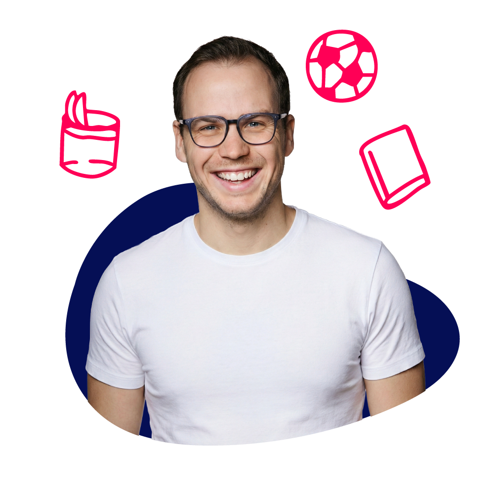 New Hampshire A man wearing glasses and a white t-shirt smiles at the camera, with illustrated icons of a drink, a soccer ball, and a book around him. Marketing Agency