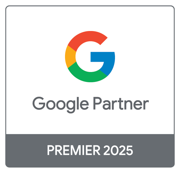 New Hampshire Google Partner Premier 2025 badge featuring the multicolored Google "G" logo above the text "Google Partner" and "Premier 2025" on a gray bar. Marketing Agency