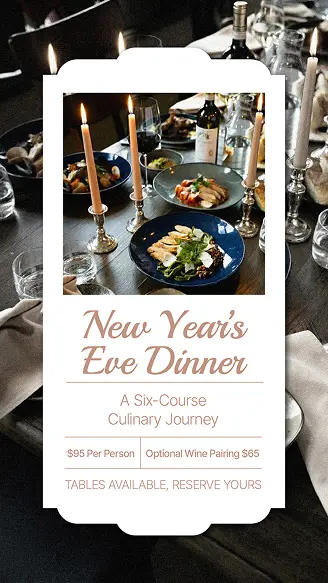 New Hampshire Table set with candles, wine, and plated dishes, promoting a New Year's Eve six-course dinner with optional wine pairing and reservation details. Marketing Agency
