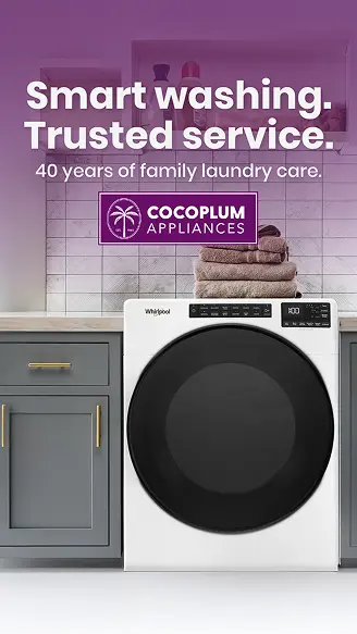 New Hampshire A front-load washing machine sits beneath folded towels in a modern laundry room with gray cabinets and a tiled backsplash. Text promotes Cocoplum Appliances’ 40 years of service. Marketing Agency