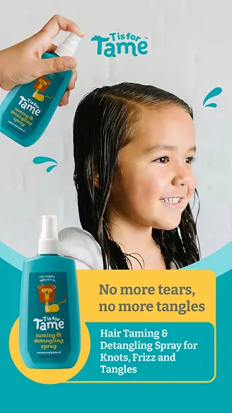 New Hampshire An adult sprays detangling spray on a smiling child’s wet hair. Text reads, “No more tears, no more tangles. Hair Taming & Detangling Spray for Knots, Frizz and Tangles.”. Marketing Agency
