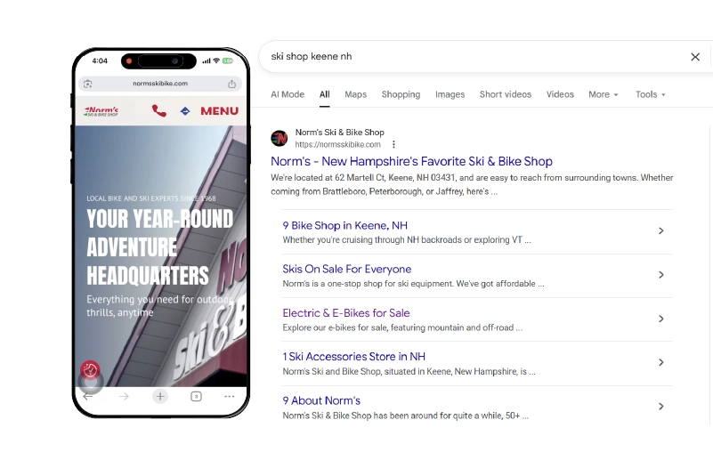 New Hampshire A smartphone displays Norm's Ski & Bike Shop website, while a Google search for "ski shop keene nh" highlights the shop's strong Local Search Performance and top ranking—showcasing effective SEO Strategies New Hampshire. Marketing Agency