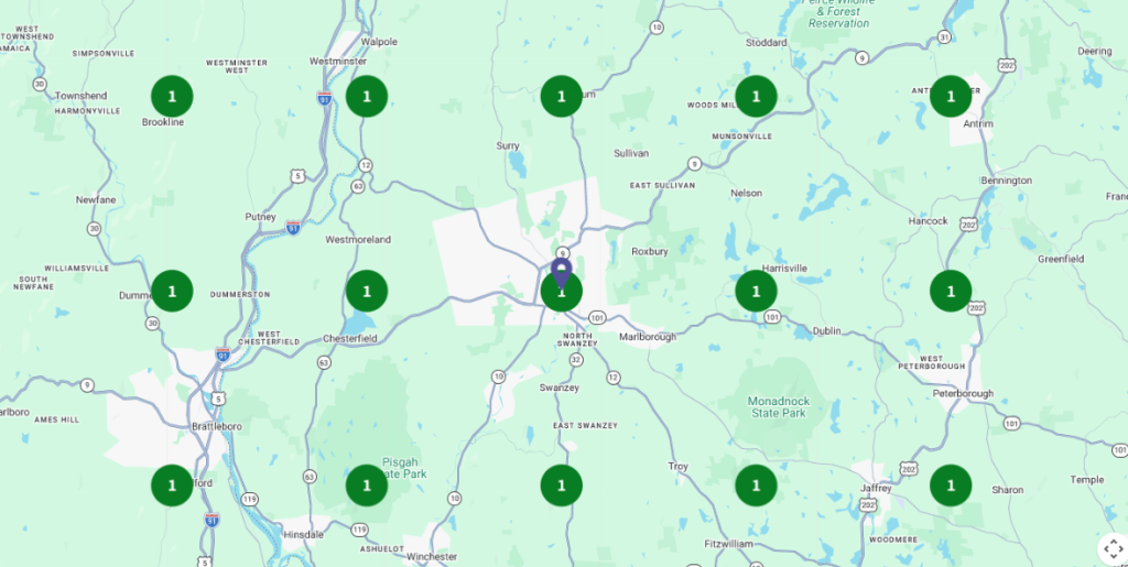 New Hampshire A digital map displays clustered numbered green markers indicating different locations across southwestern New Hampshire and neighboring areas. Marketing Agency