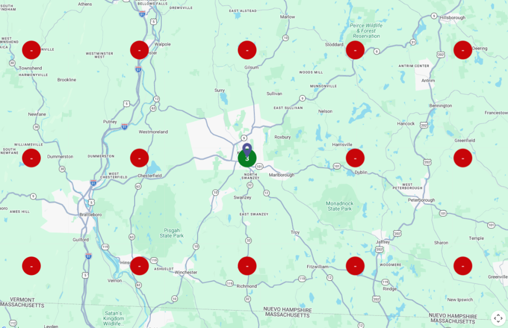 New Hampshire A map centered on Keene, New Hampshire, shows red markers distributed across surrounding towns and green shaded areas indicating parks and forests. Marketing Agency