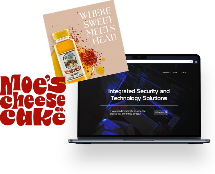 New Hampshire A laptop displaying a security website, with Moe's Cheesecake Co. logo on the left and an ad for hot honey above, featuring a honey bottle and chili flakes. Marketing Agency