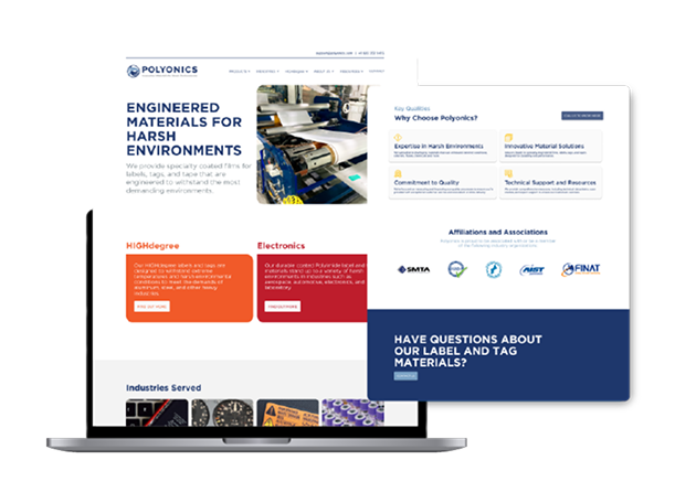 New Hampshire A laptop displaying the Polyonics website homepage, featuring sections on engineered materials, industries served, and key company information. Marketing Agency