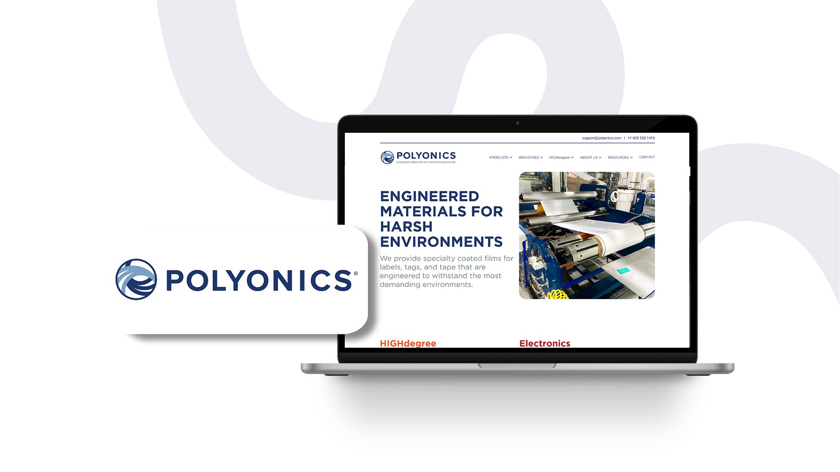 New Hampshire A laptop displays the Polyonics website featuring information about engineered materials for harsh environments, with the Polyonics logo shown on the left. Marketing Agency