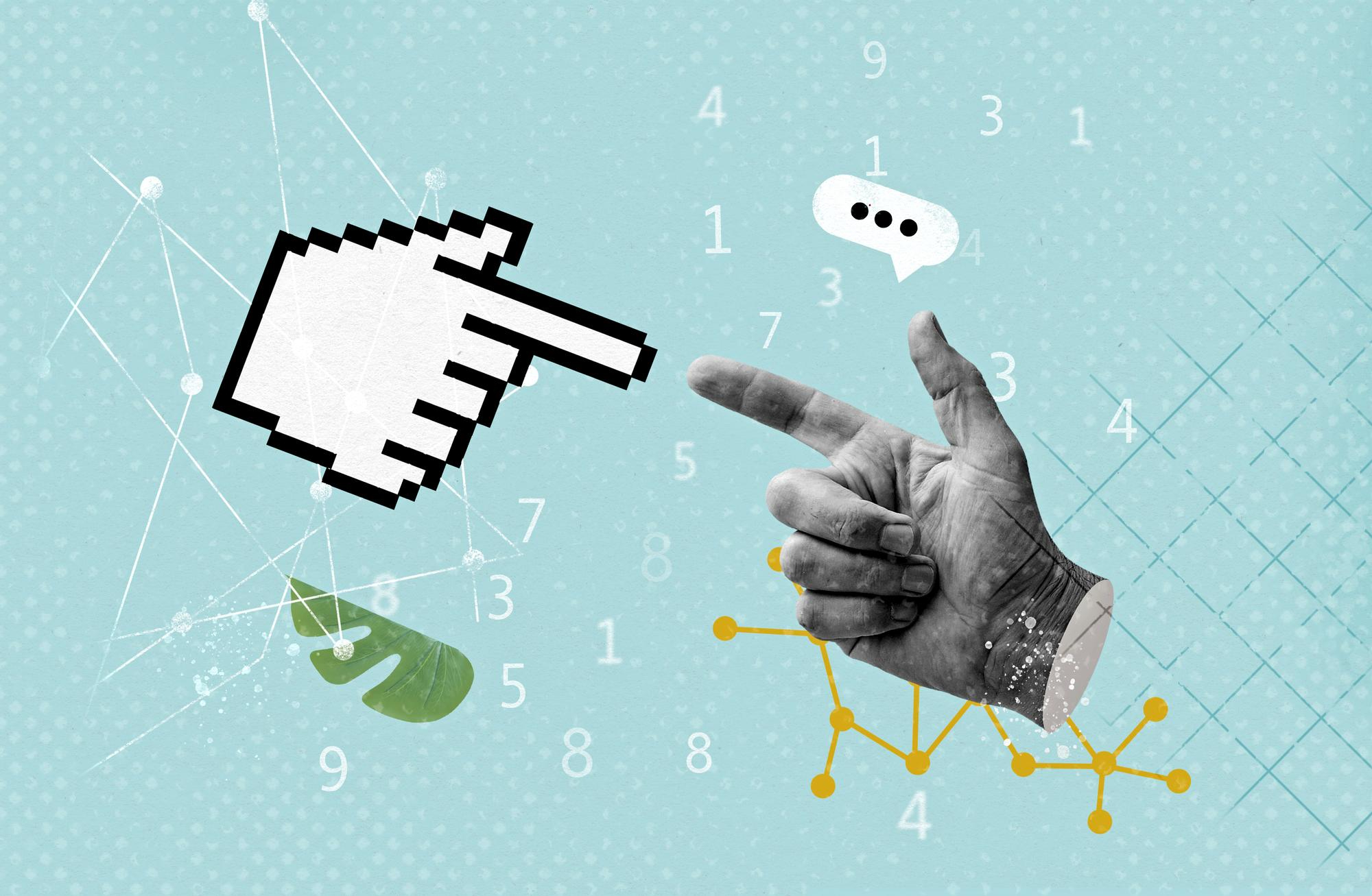 New Hampshire A collage with a pixelated cursor hand and a human hand pointing, surrounded by numbers, speech bubble, and abstract geometric elements on a blue background—illustrating Vermont businesses boosting local reach through paid media strategies. Marketing Agency